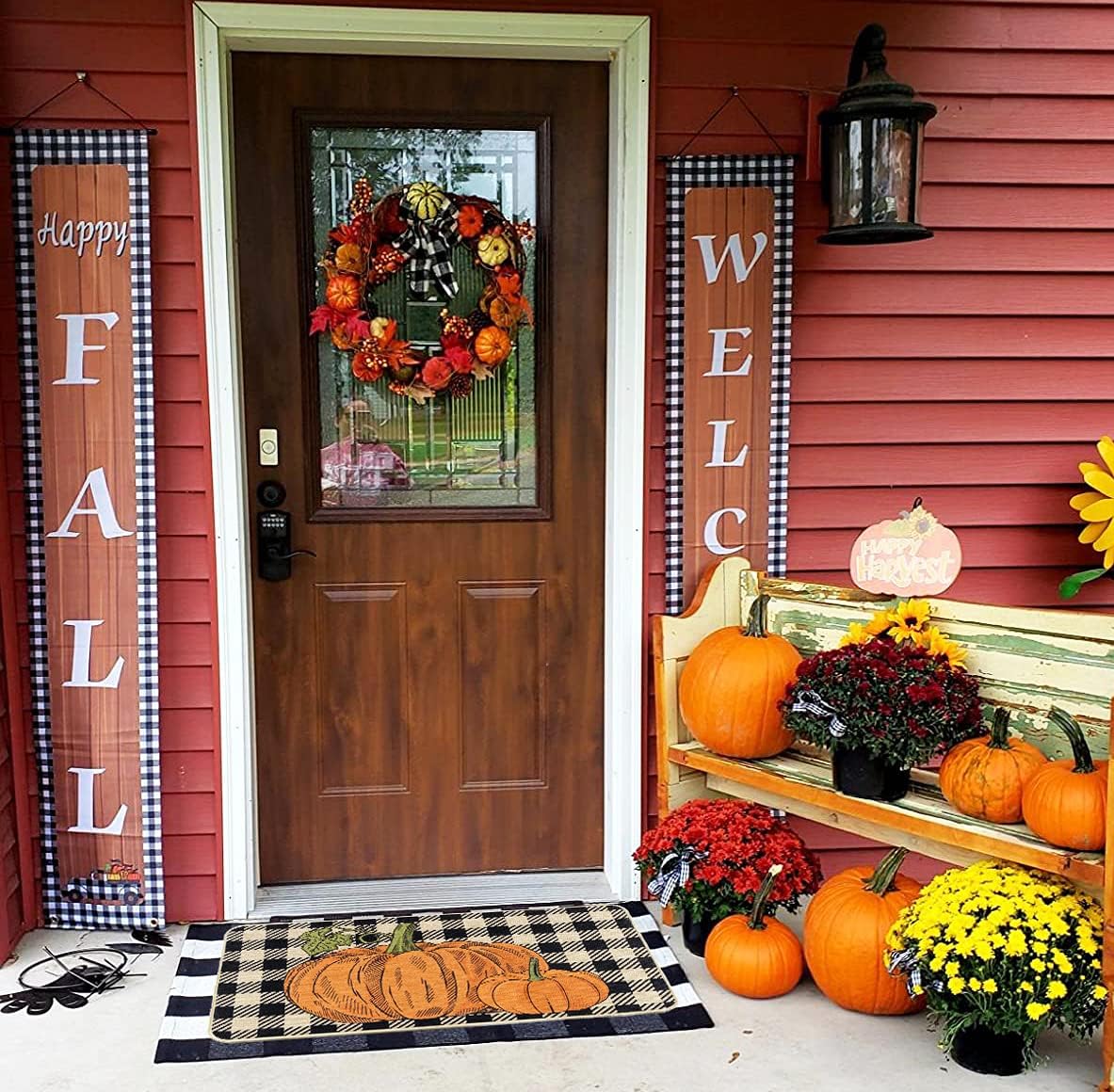 CHICHIC Fall Door Mat Outdoor Indoor Welcome Mats for Front Door Home Entrance Porch Fall Outdoor Decorations Fall Door Decor Thanksgiving Mat, Non Slip 17 x 29.5 Inch, Buffalo Plaid Pumpkin