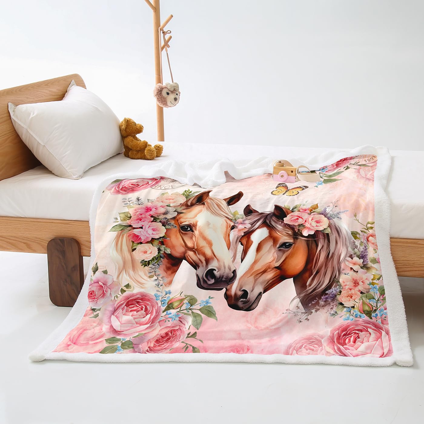 Plaid Cama Caballo Mariposa Flor Colcha Plaid Sofa Verano Diseño de Doble Cara Cubre Colcha Multiusos para Sofas Suave Manta Termica Lana de Cordero de Franela Blanket Espesar Durable 180x220cm