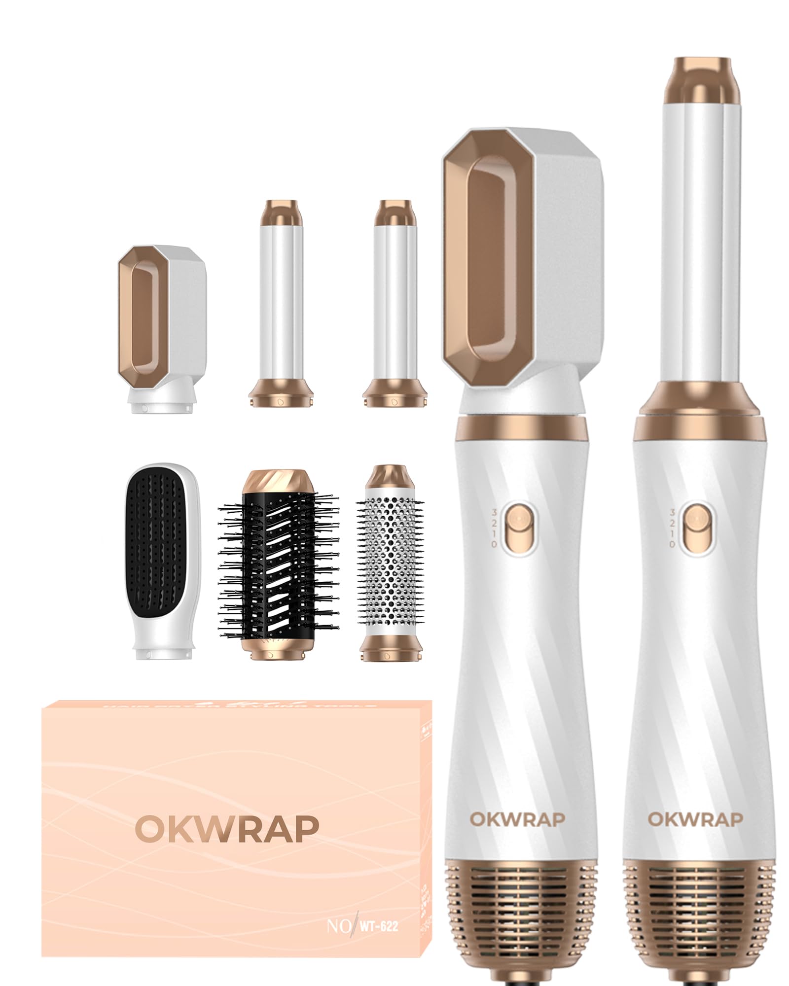 Secador 6 en 1 OKWRAP Cepillo de Aire Air Styler Set 6 Cabezales Intercambiables 3 Temperaturas Cepillo Moldeador De Pelo, Cepillo Secador Pelo With Riza, Da Volumen, Alisa y Seca