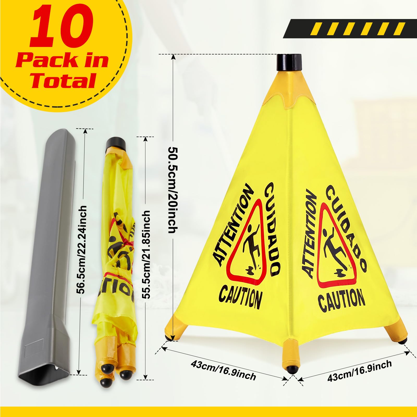 10 cartelli pop-up per pavimento bagnato, con tubo di stoccaggio, 50,8 cm, segnali di sicurezza sul bagnato, per uso commerciale, per negozi commerciali, alimentari, ristoranti, servizi