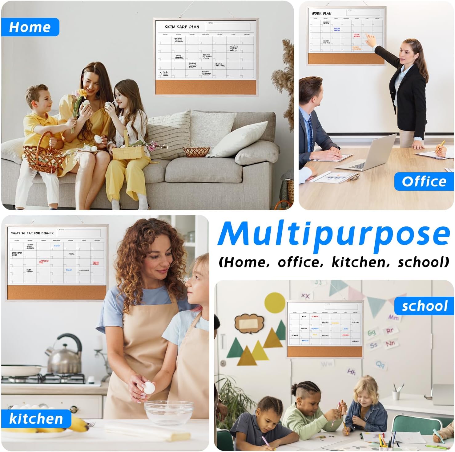 Dry Erase Calendar Whiteboard, 24" x 18" Magnetic Whiteboard Cork Board Combo, Reusable Monthly Planner with 8 Markers, Eraser, Magnets and Pushpins, Hanging Dry Erase Board for Home, School - White