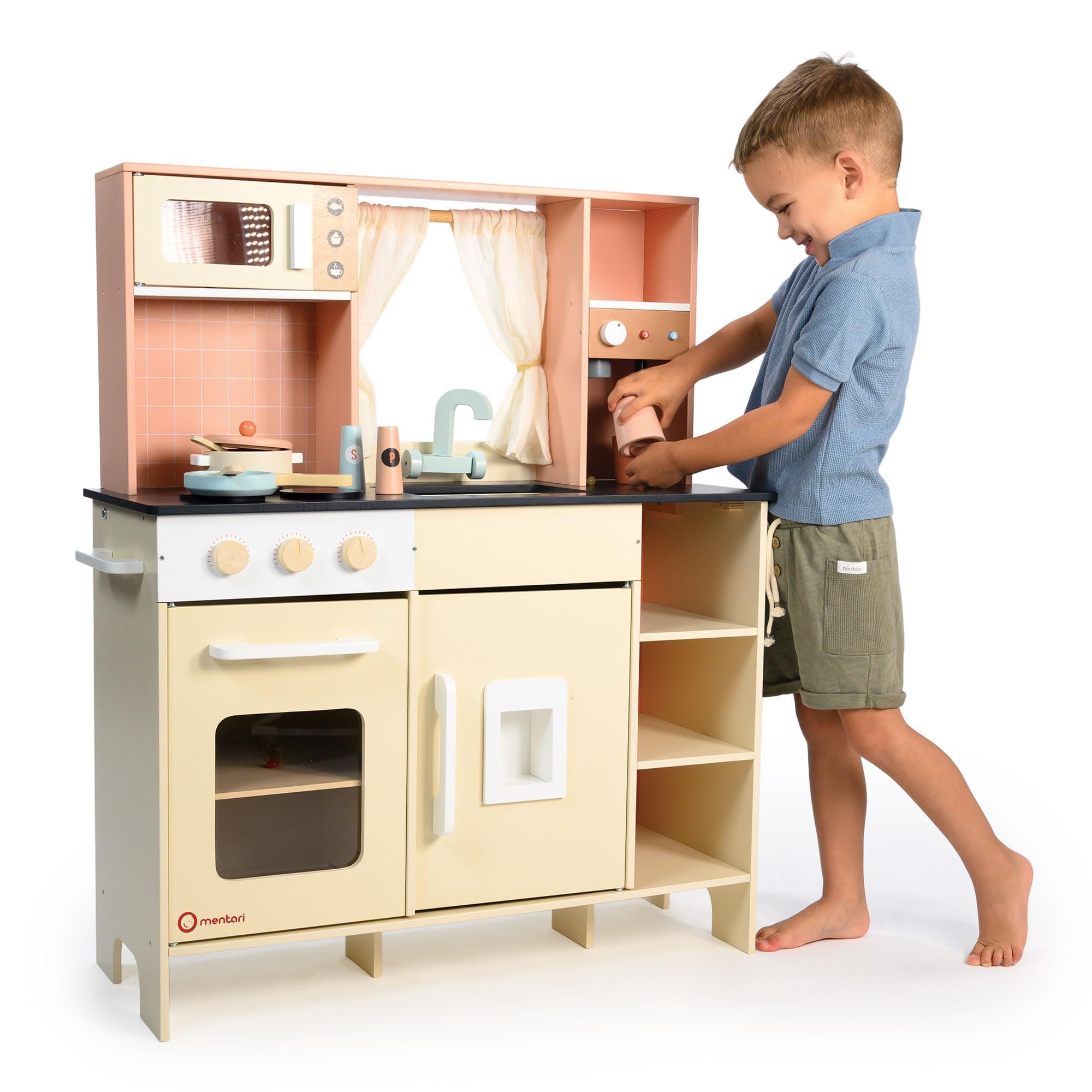Mentari Toys Cream Play Kitchen drewniany zestaw kuchenny z ekspresem do espresso, dozownik lodu i kuchenka mikrofalowa, dla dzieci, pobudza wyobraźnię i umiejętności motoryczne
