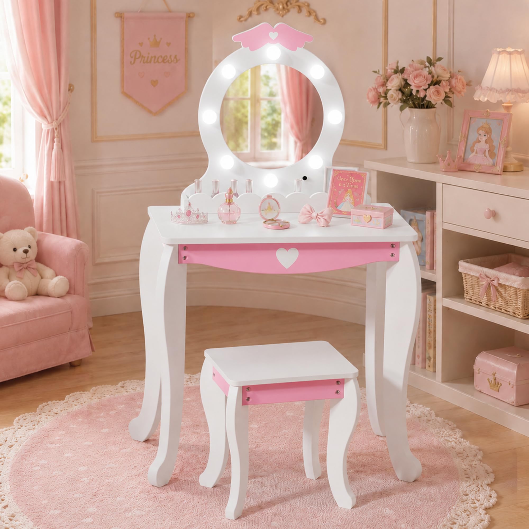 Xilingol Kids Vanity Set with Lighted Mirror and Stool,Makeup Vanity Desk with Storage Space,Wing Pattern for Little Girls,Toddler Princess Dressing Table with Chair Set,White