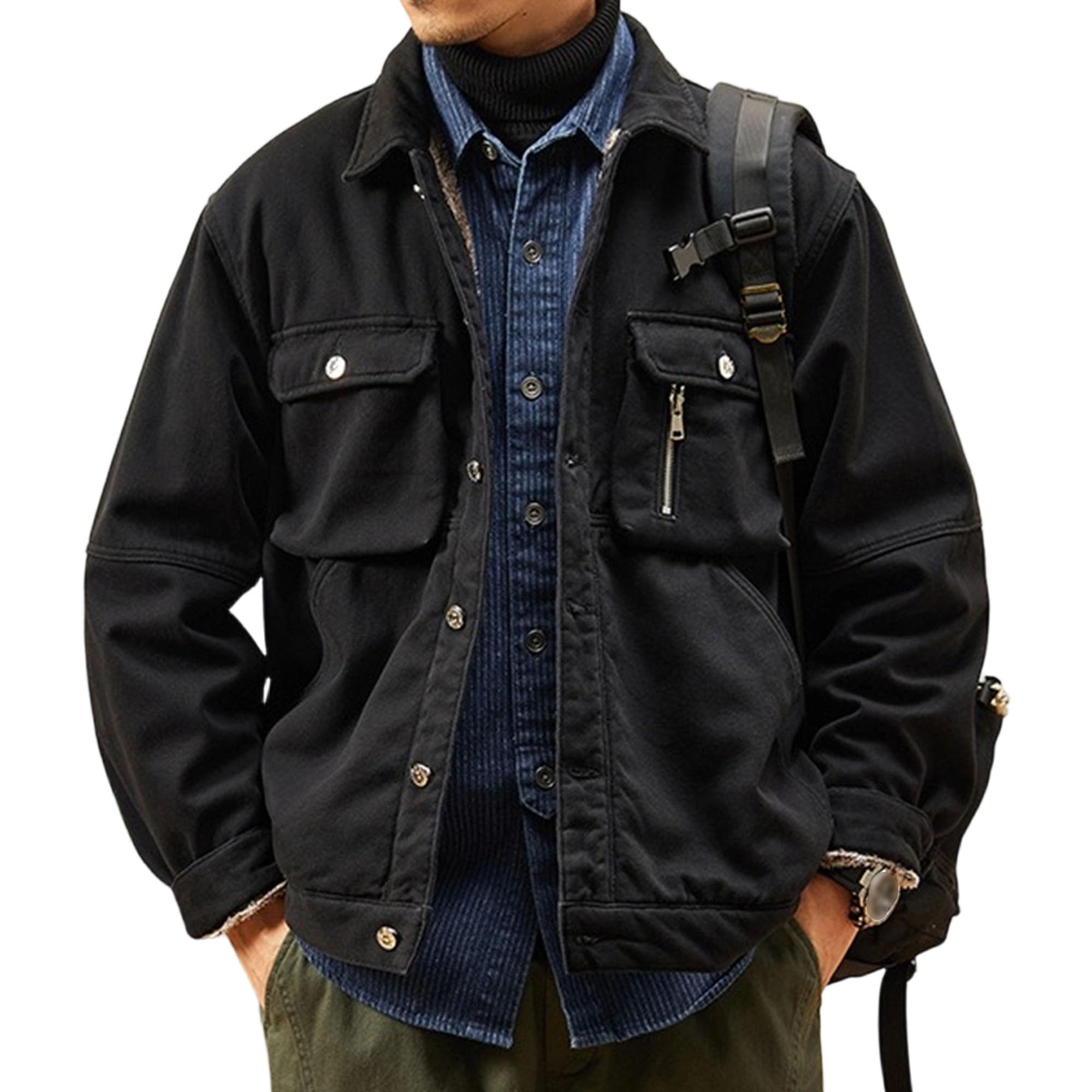 Giacca da lavoro da uomo, calda, foderata in sherpa, con tasche | Fodera in pelliccia sintetica, esterno in denim spesso, cappotto da camionista con colletto con risvolto