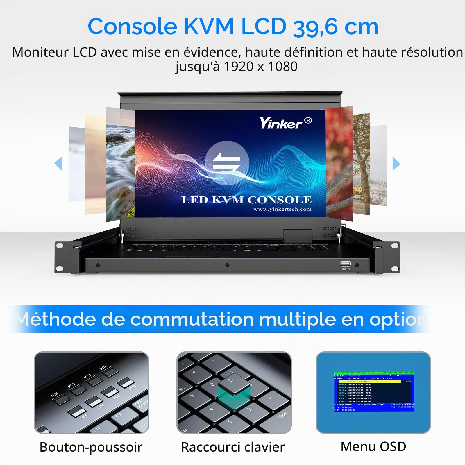 Console KVM VGA 8 ports 15,6" Écran LCD VGA Commutateur KVM Compatible avec Rack 1U 19" 600 mm de profondeur 600 mm avec clavier Touchpad Tiroir Câble KVM