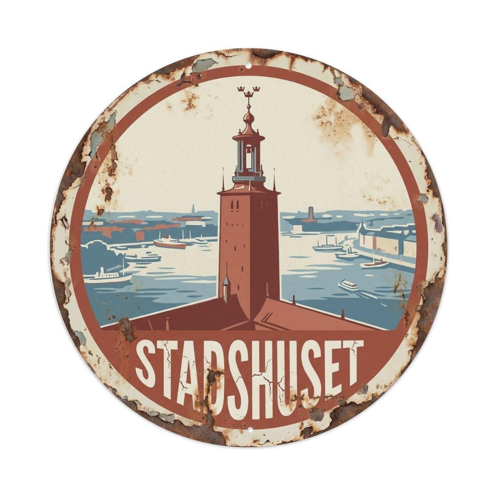 Okahys 8X8inch(20X20cm) Vintage Travel City Hall Sweden Waterfront Metal Tin Sign