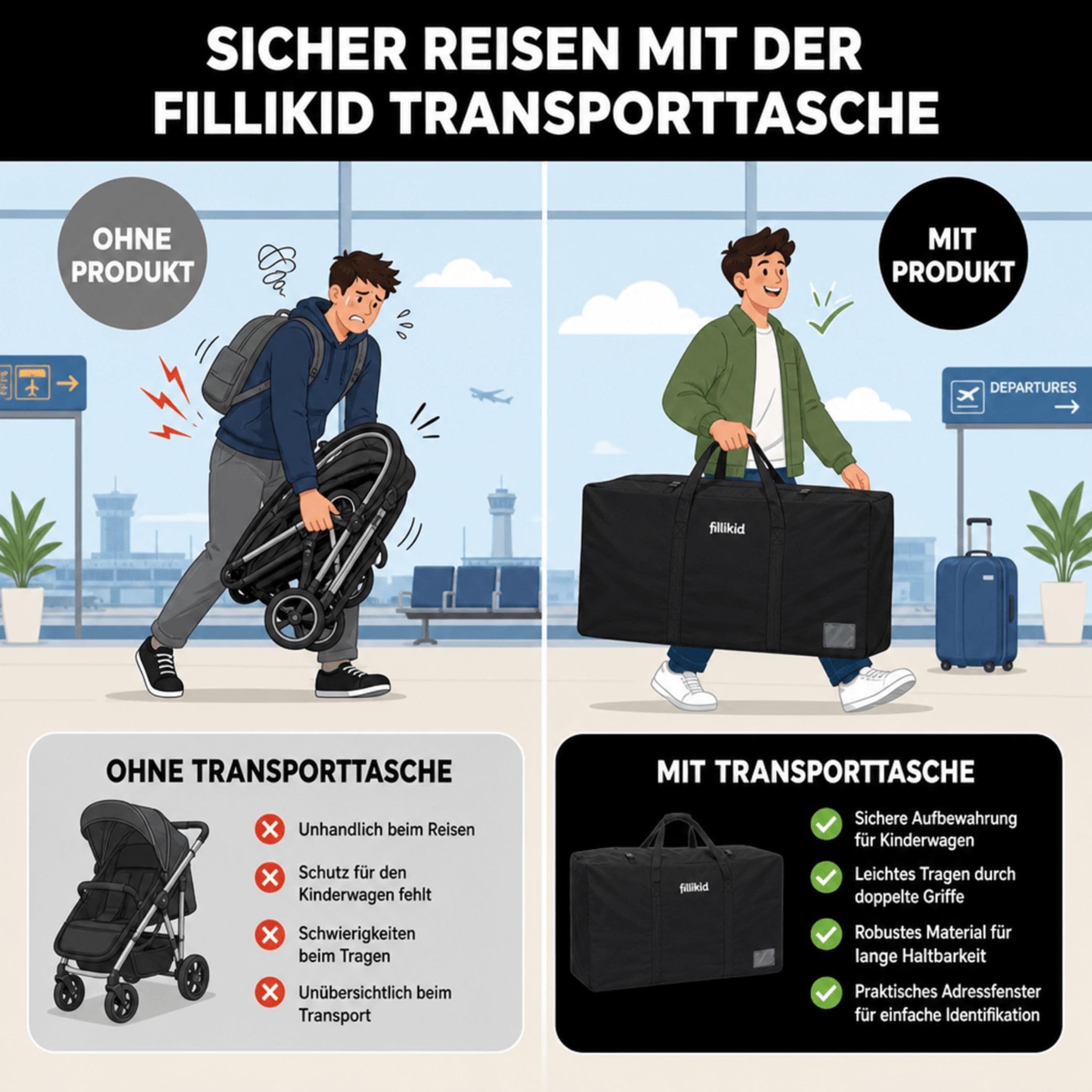 Fillikid Transporttasche für Kinderwagen, Buggys & Autositze mit Riemen und Adressfenster für Joie Mytrax Litetrax