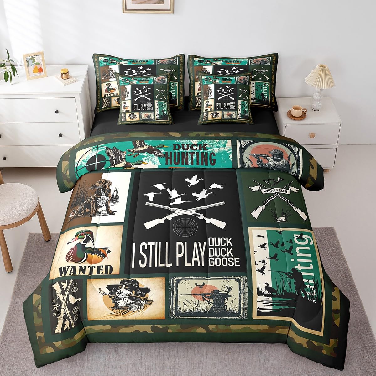 7 Piece Duck Hunting Bed in a Bag Full for Hunting Theme Sheet Set, Rustic Farmhouse Theme Bedding Set with Comforter for Adult Boys Girls Duck Hunting and Fishing Hunting Theme Cushion Covers 2