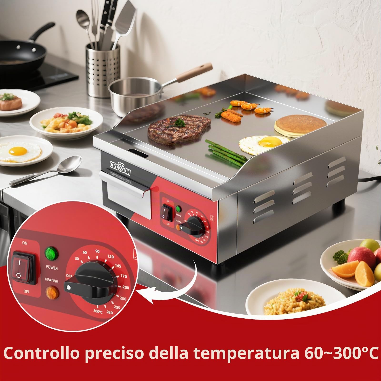 CROSSON Piastra Elettrica Commerciale 2000W,Plancha Elettrica Inox 36 x 40 cm, Temperatura Regolabile 60-300°C con Spatola per Ristoranti Luoghi Pubblici e Barbecue