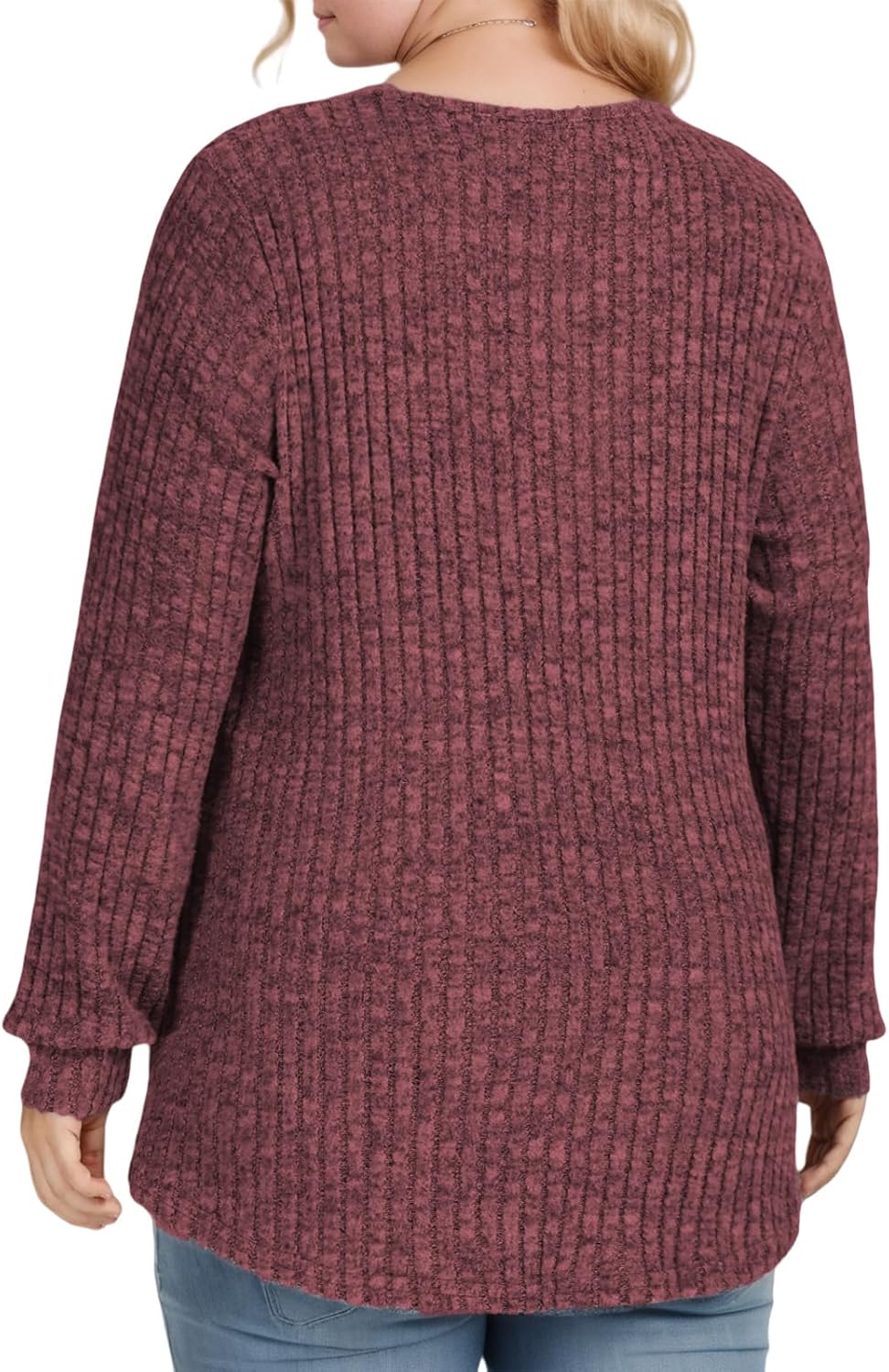 ROSRISS Womens-Plus-Size-Tops Trendy Long Sleeve Henley Shirts Casual Ribbed Knit Tunics Dressy Crewneck Pullover Sweaters - Image 3