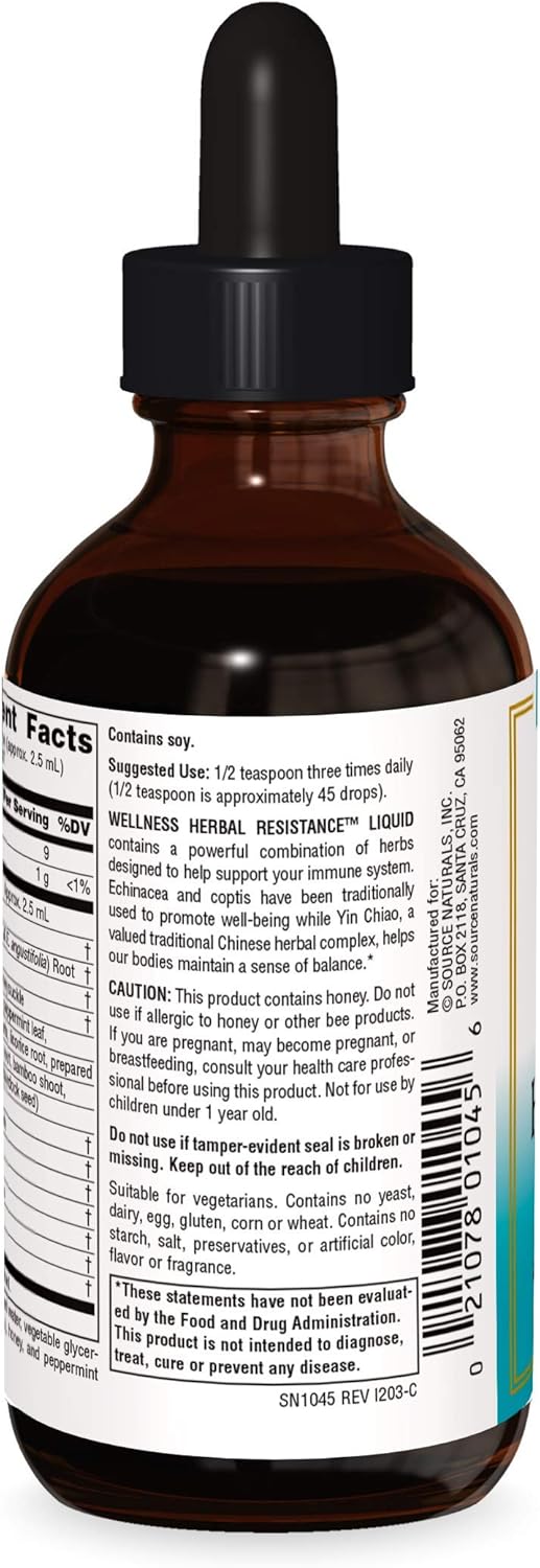 Source Naturals Wellness Herbal Resistance Liquid Immune Defense Supplement & Immunity Booster with Echinacea, Elderberry & Yin Chiao - 4 OZ : Health & Household