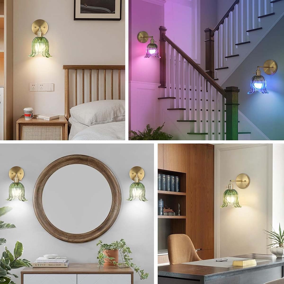 Lámpara de pared dorada recargable para interiores, estilo retro, con casquillo E27, RGB regulable y mando a distancia, inalámbrica, para mesita de noche, ajustable, con cristal verde, aplique de par