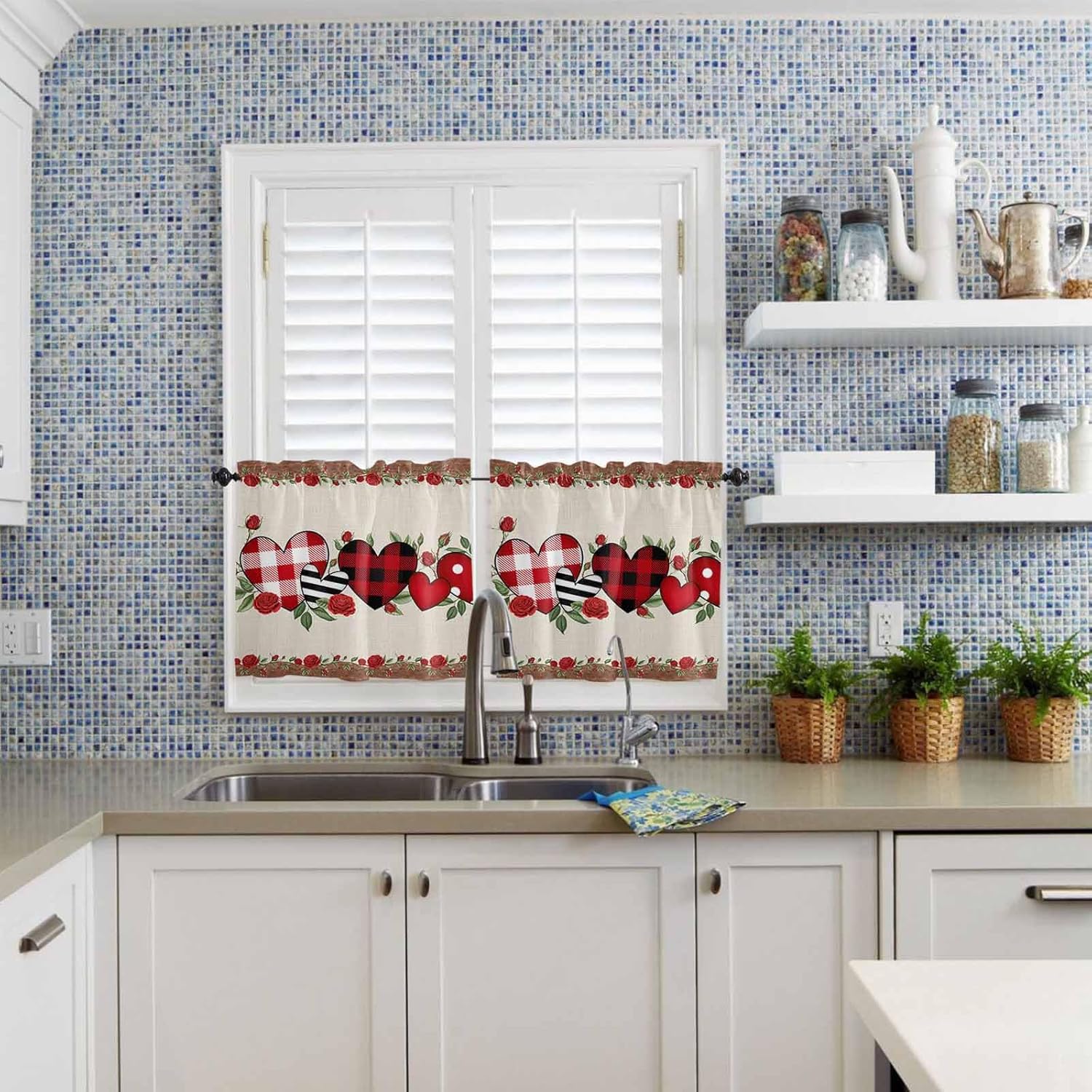 3 Piece Kitchen Curtains and Valances Set Red Valentine's Day Cafe Curtains 24 Inch Length Love Heart Roses Leaves Romantic Valance & Tier Curtain for Living Room Bedroom Window 54"x18"+27"x24"*2