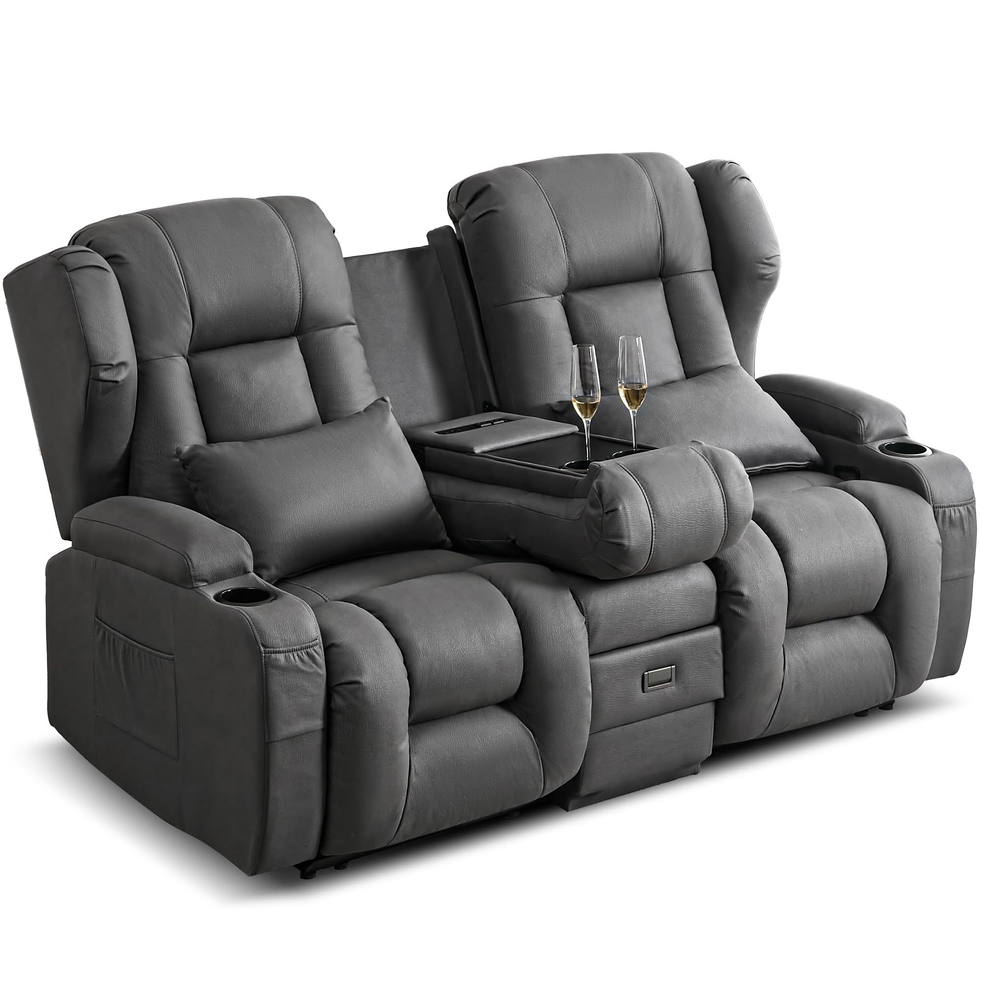2er Relaxsessel mit Liegefunktion, Zweisitzer Fernsehsessel 2 Sitzer TV Sessel mit Konsole, Manuell Verstellbar Doppel Kinosessel bis 360 kg (Grau)