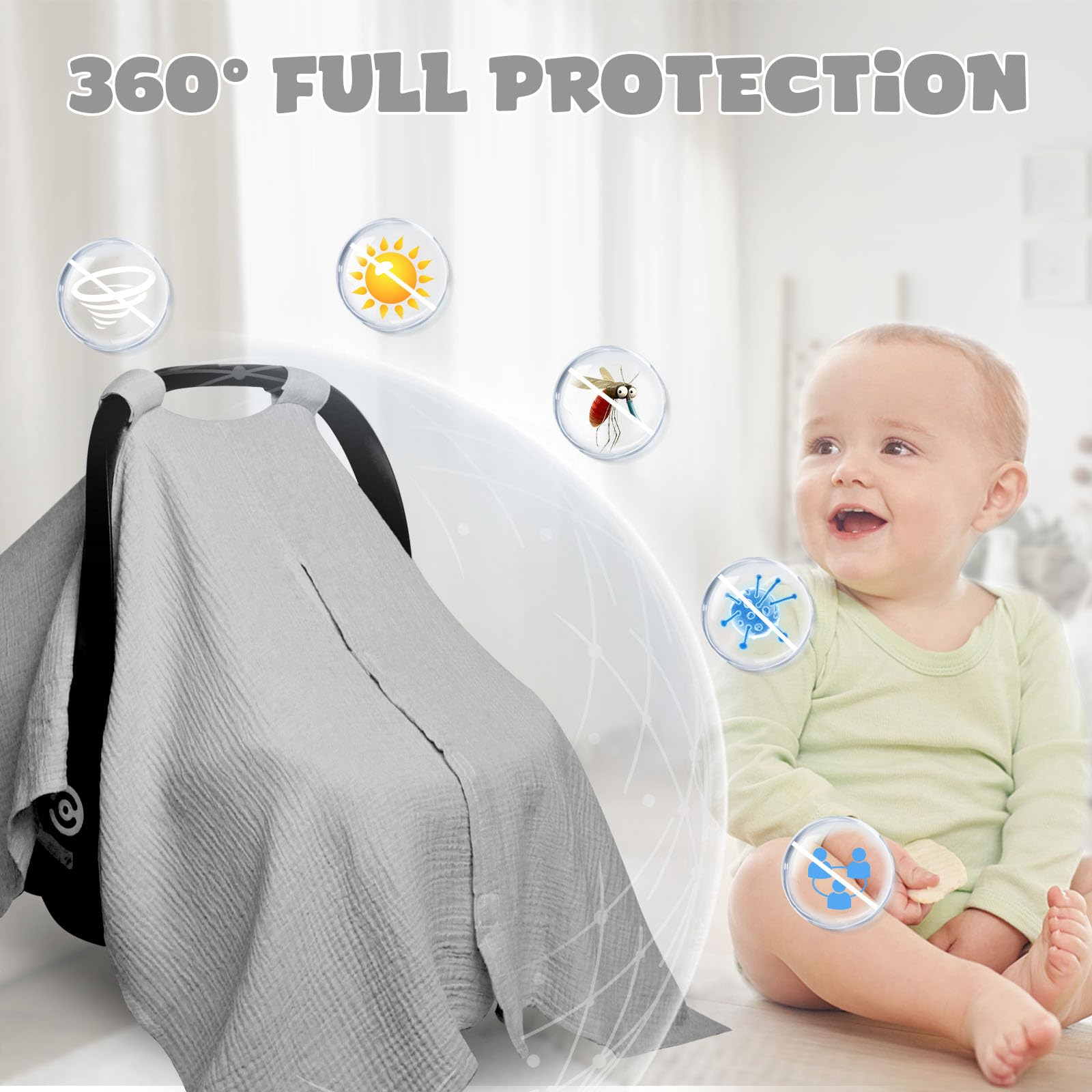 Funda de muselina para asiento de coche para bebés, niños y niñas, color gris claro | Toldo suave y transpirable para asiento de coche, multiuso, funda para portabebés y cubierta de lactancia materna