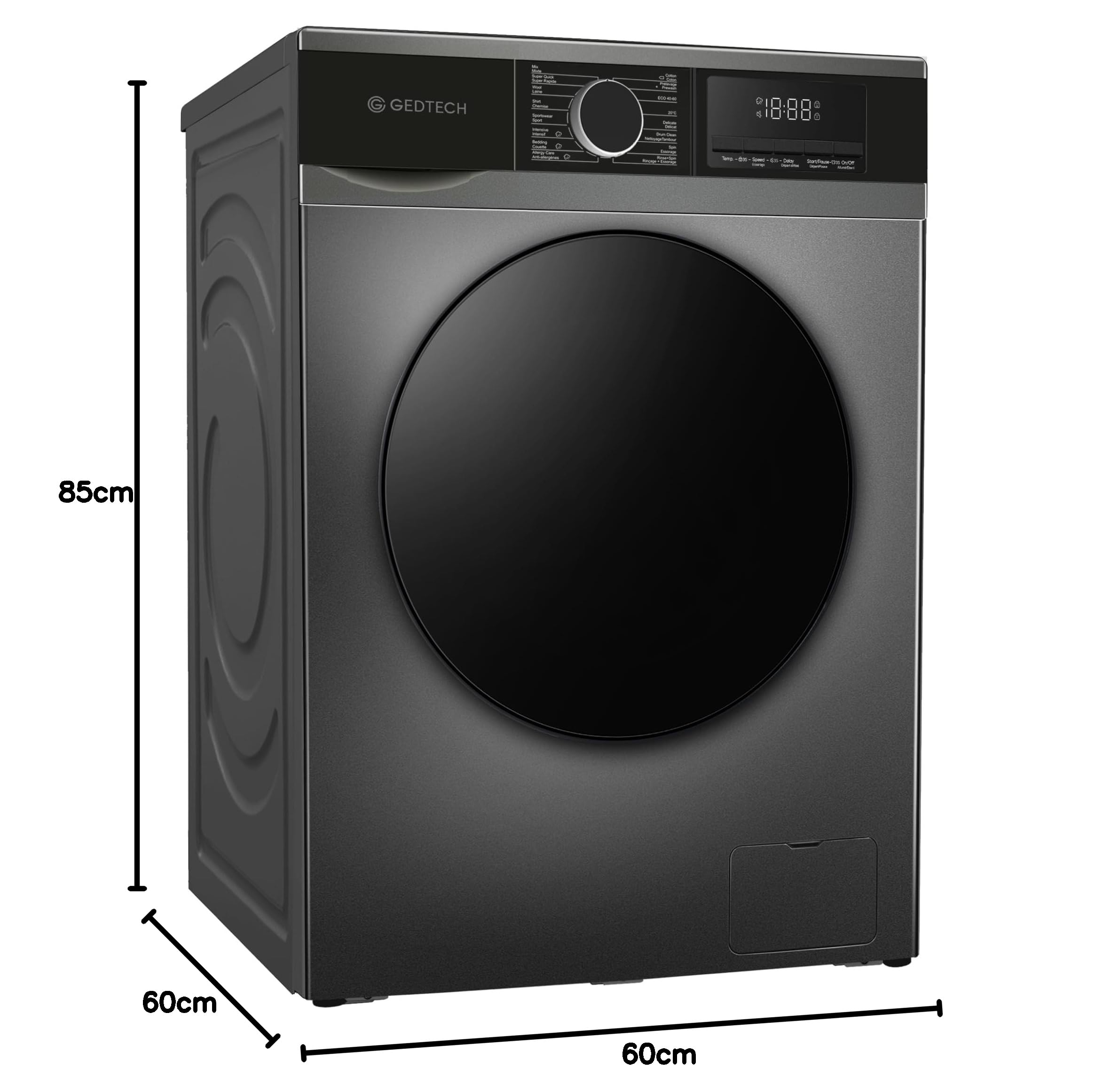 Lavadora frontal GEDTECH GLL121400DG – 12 Kg – 1400 RPM – 16 programas – Eco – Intensivo – Rápido – Muy bajo conso – Clase A-20% (Dark Grey, 12 Kg)