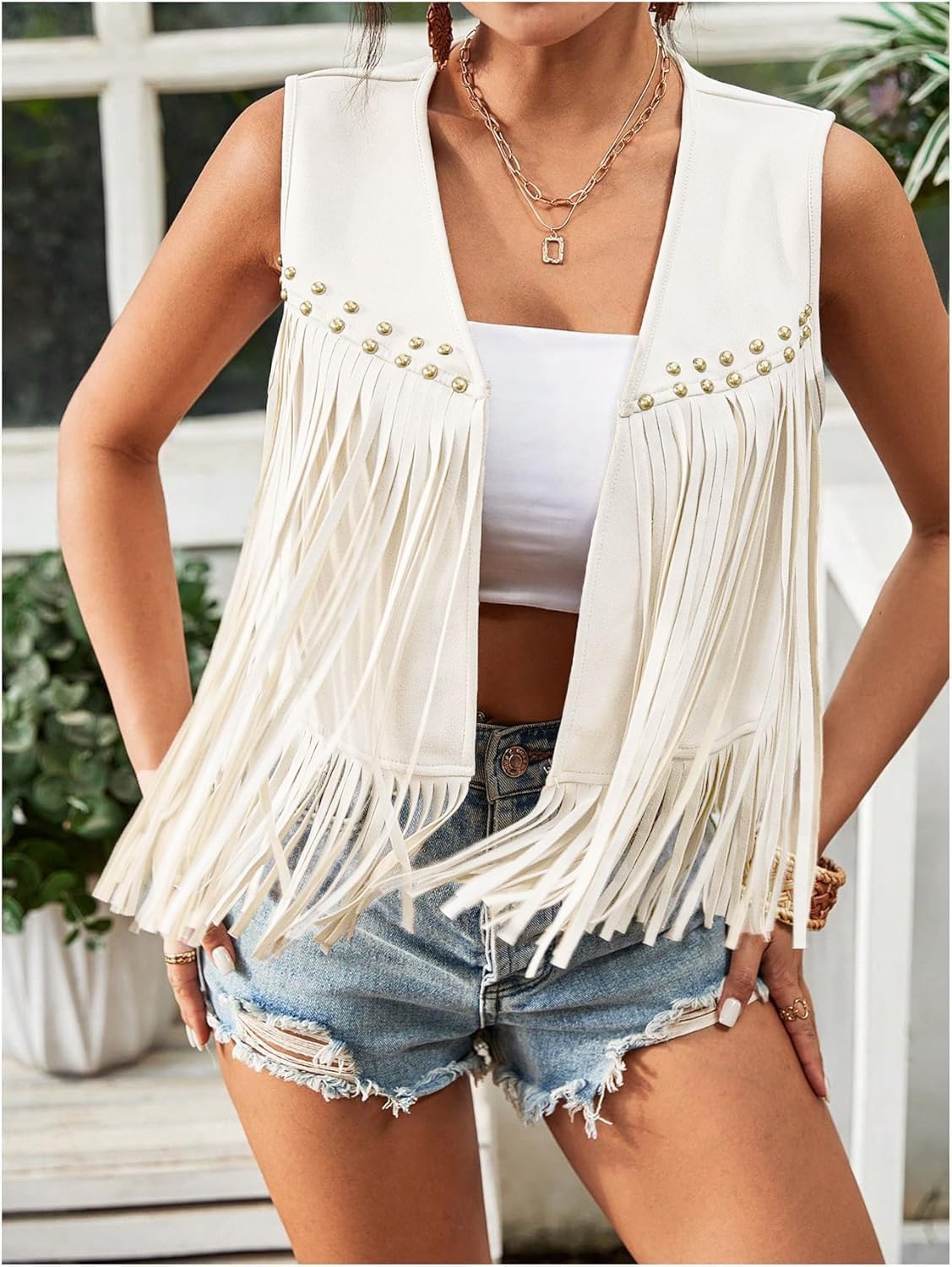 Aopwsrlyi Women's Tassel Fringe Vest Sleeveless Open Front Fringe Tops 70s Hippie Cowgirl Jacket Western Outfits