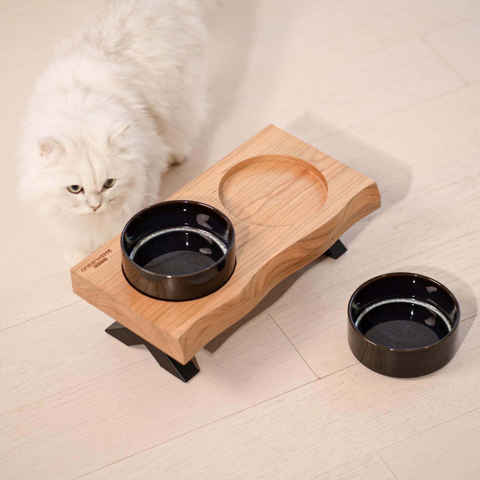 CHEERHOME PETS Erhöhte Katzennäpfe aus Keramik für kleine und mittelgroße Hunde, massiver Futternapf aus Holz mit Ständer, Futternapf für Katzen und Welpen (Kirschholz)