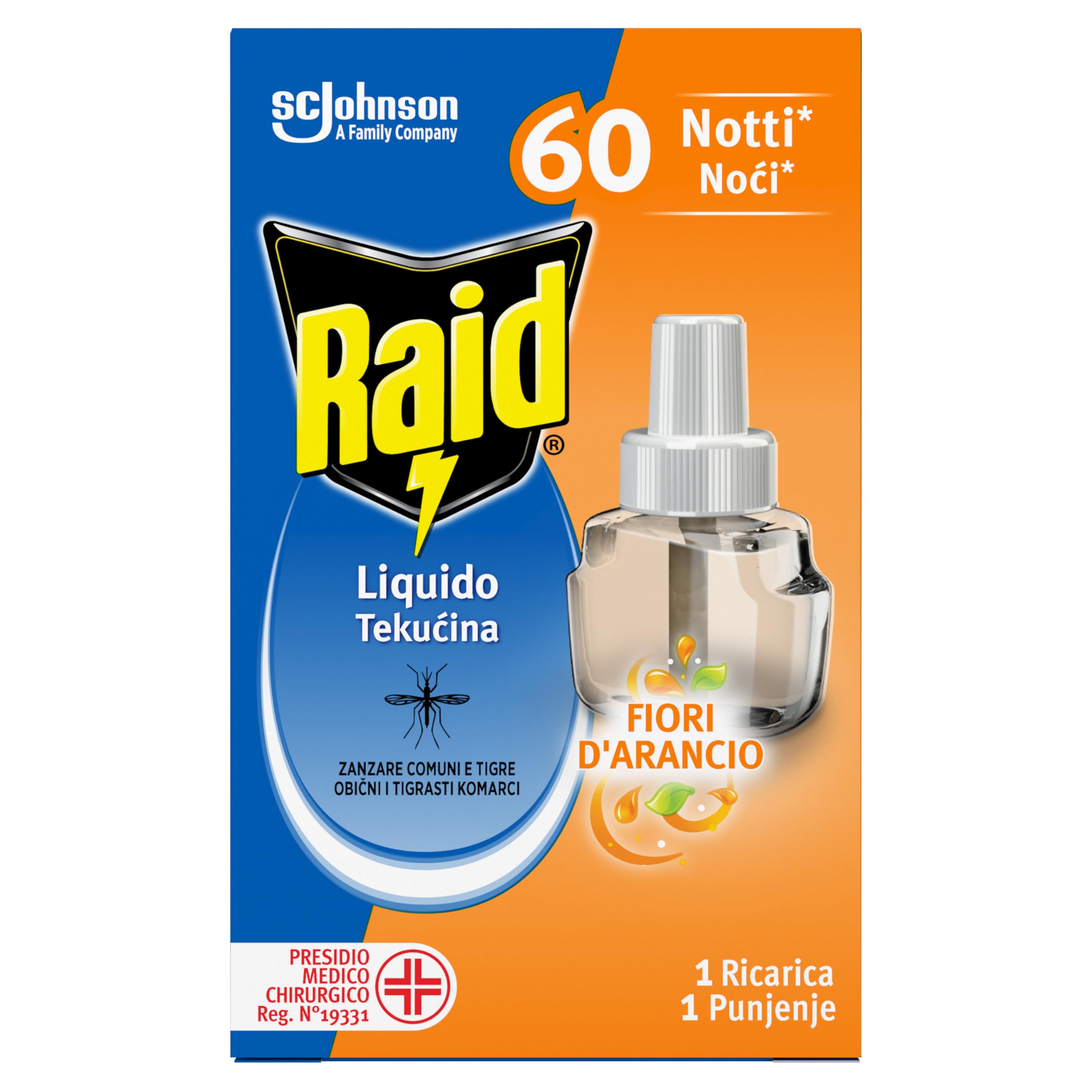Raid Liquido Elettrico Antizanzare Comuni e Tigre, Ricarica, Fragranza Fiori d'Arancio, 1 Confezione da 1 Ricarica da 36ml, 60 Notti