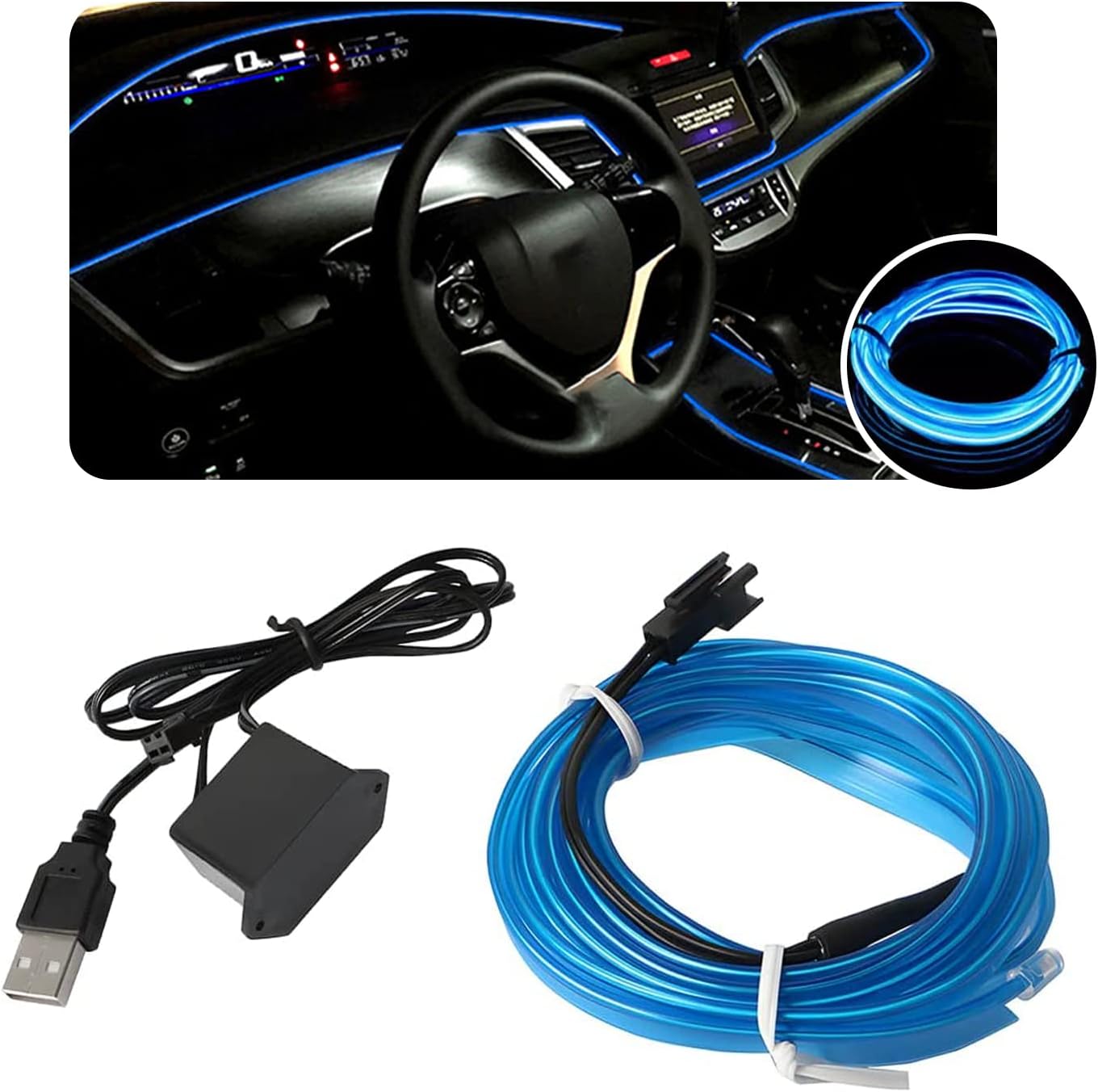 Pack-1 EL Car LED Decorations Strip Lights, 5M/16FT with Driver Clip Type Ambient Light Cable, Auto Interior Crevice USB Neon Strip, Ambient Lighting LED Lamps for Car Home Parties (Blue)