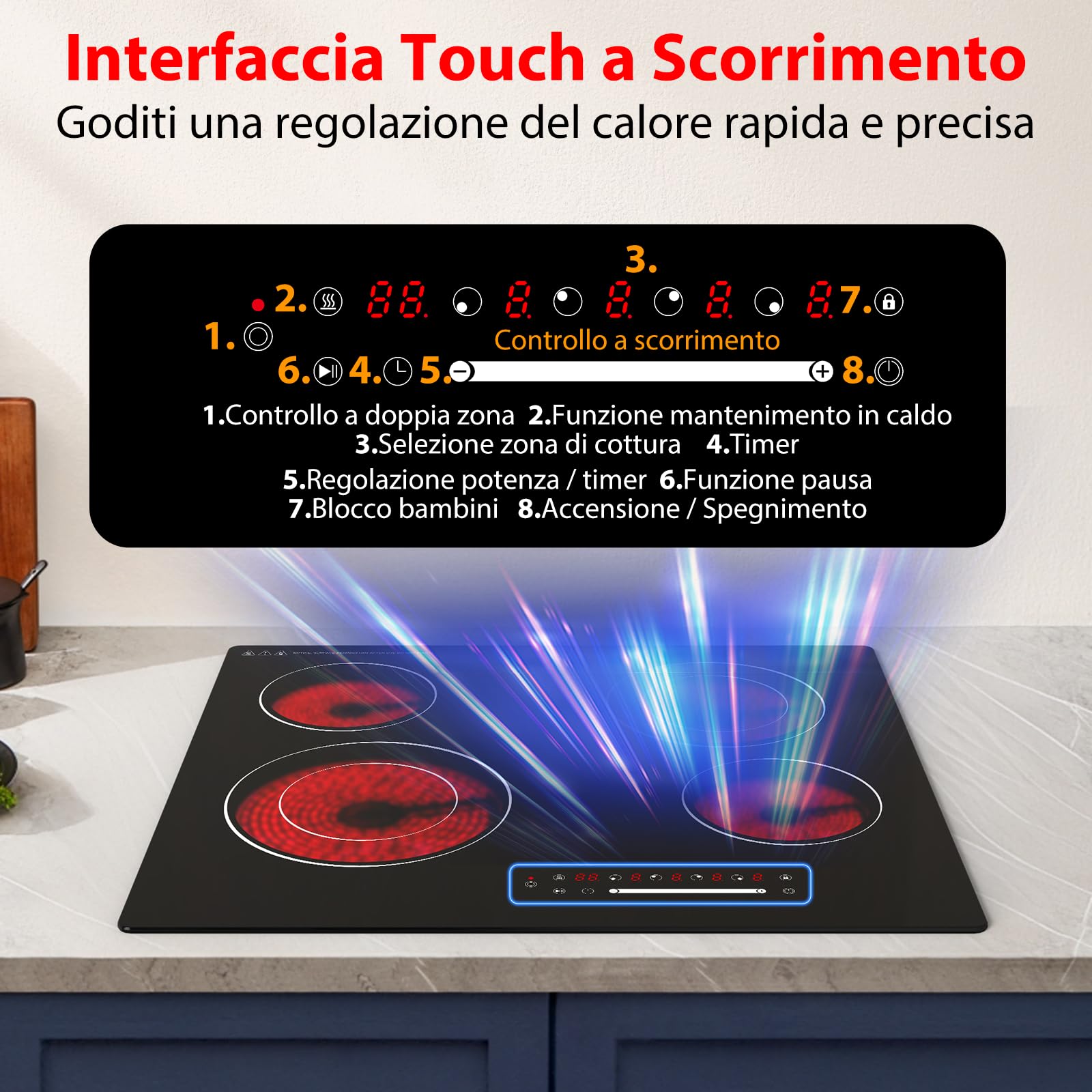 Piano Cottura in Vetroceramica 60 cm, 4 Zone, 6700W, Comandi Touch, Timer, Blocco Bambini, Superficie in Vetro Nero, Compatibile con Tutte le Pentole, Collegamento Fisso