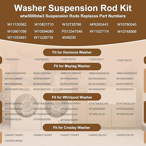 Miniatura 7 de W11130362 MVWX655DW1 SWTW5000DW2 WTW5000DW3 WTW5000DW1 Kit de varilla de suspensión para lavadora Whirlpool Maytag Kenmore Crosley MVWC565FW2
