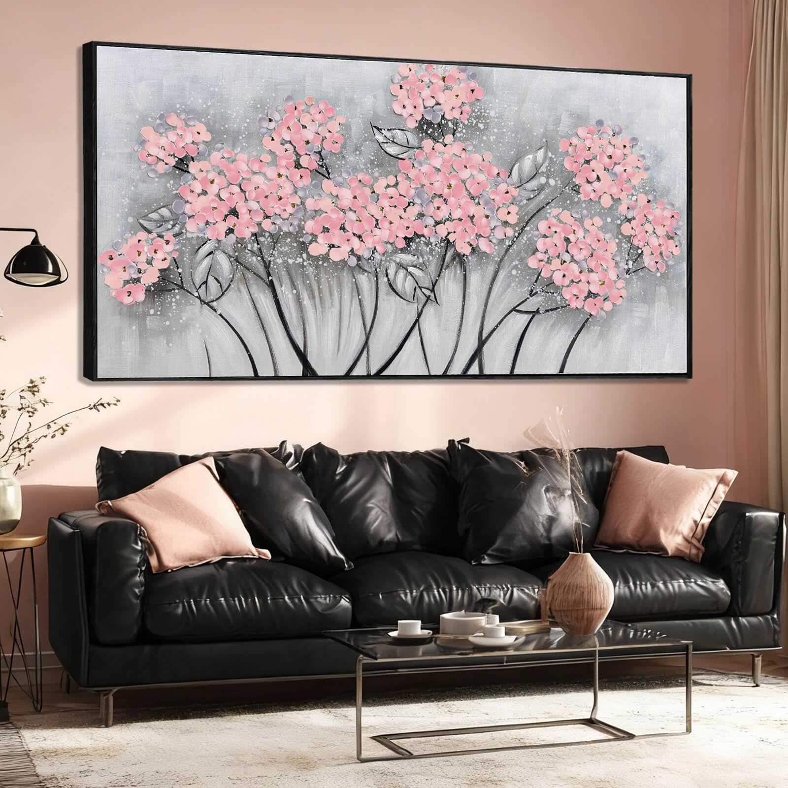 SOUGUAN Flower Wall Art Pink Wood Wall Decor Botanical Oil Painting 32"x70" Large Artwork for Bedroom Canvas Paintings for Office