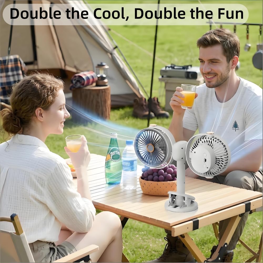 2026 New Dual Head Clip on Fan, 5 Speeds 12inch Desk Fan, USB C Rechargeable Portable Fan, Detachable Heads for Bedroom, Office, Bed, Tent (1)