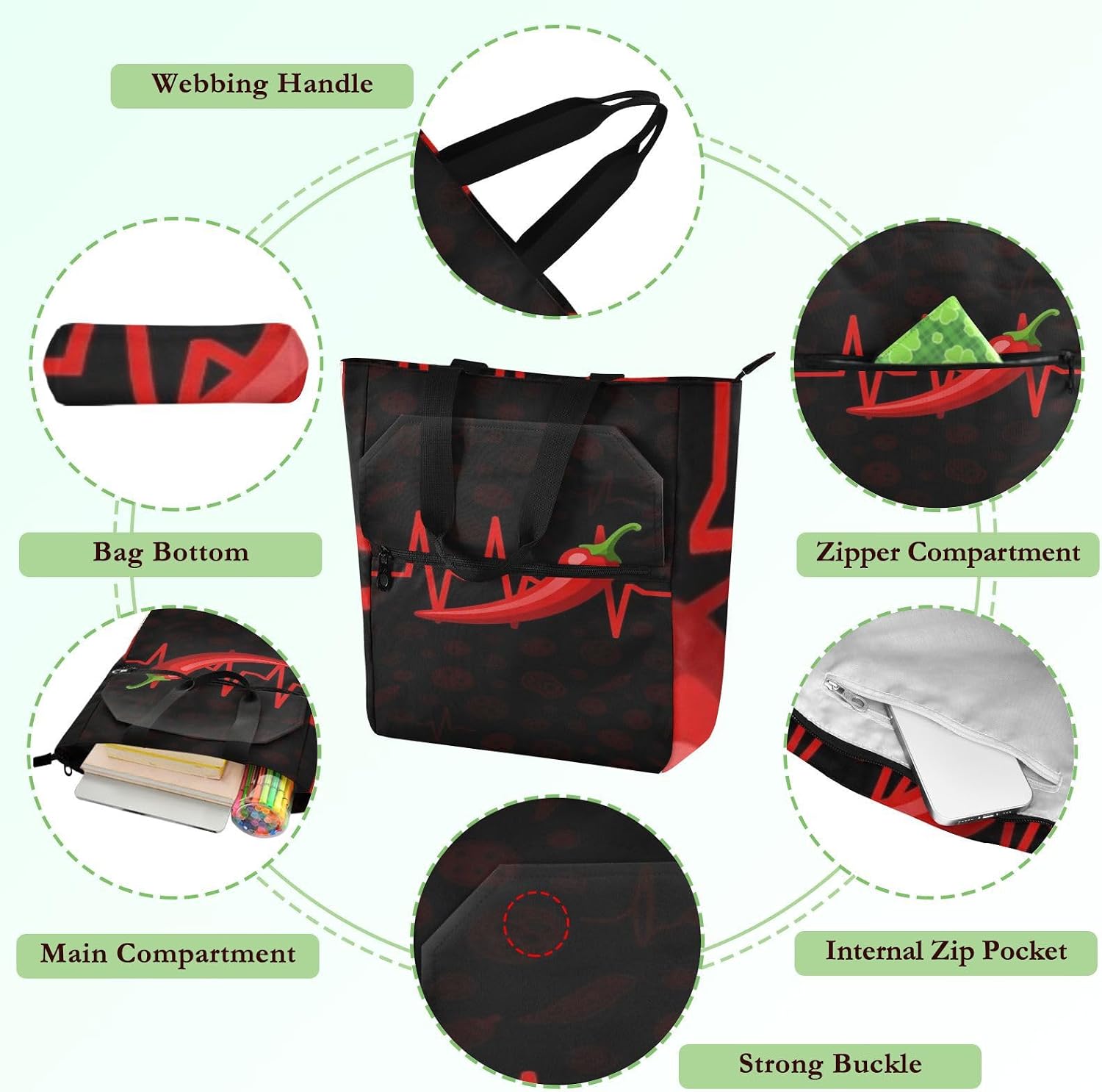 decorative Books Tote Bags for Kids Adults Red Chili Pepper American Spicy Food Lover 600D Oxford fabric Children Art Tote Bag with Zipper for School Shopping Grocery