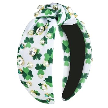 St.Patricks Day Headbands for Women Rhinestone Beaded Top Knot Headband Green Shamrock Crystal Wide Lucky Leaf Knotted Headband St Patricks Day Hair Accessories Gifts Shamrock-A