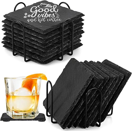 ZOOFOX 16 posavasos para bebidas, posavasos cuadrados de piedra de pizarra de 4 pulgadas con 2 soportes, juego de posavasos hechos a mano para bar,