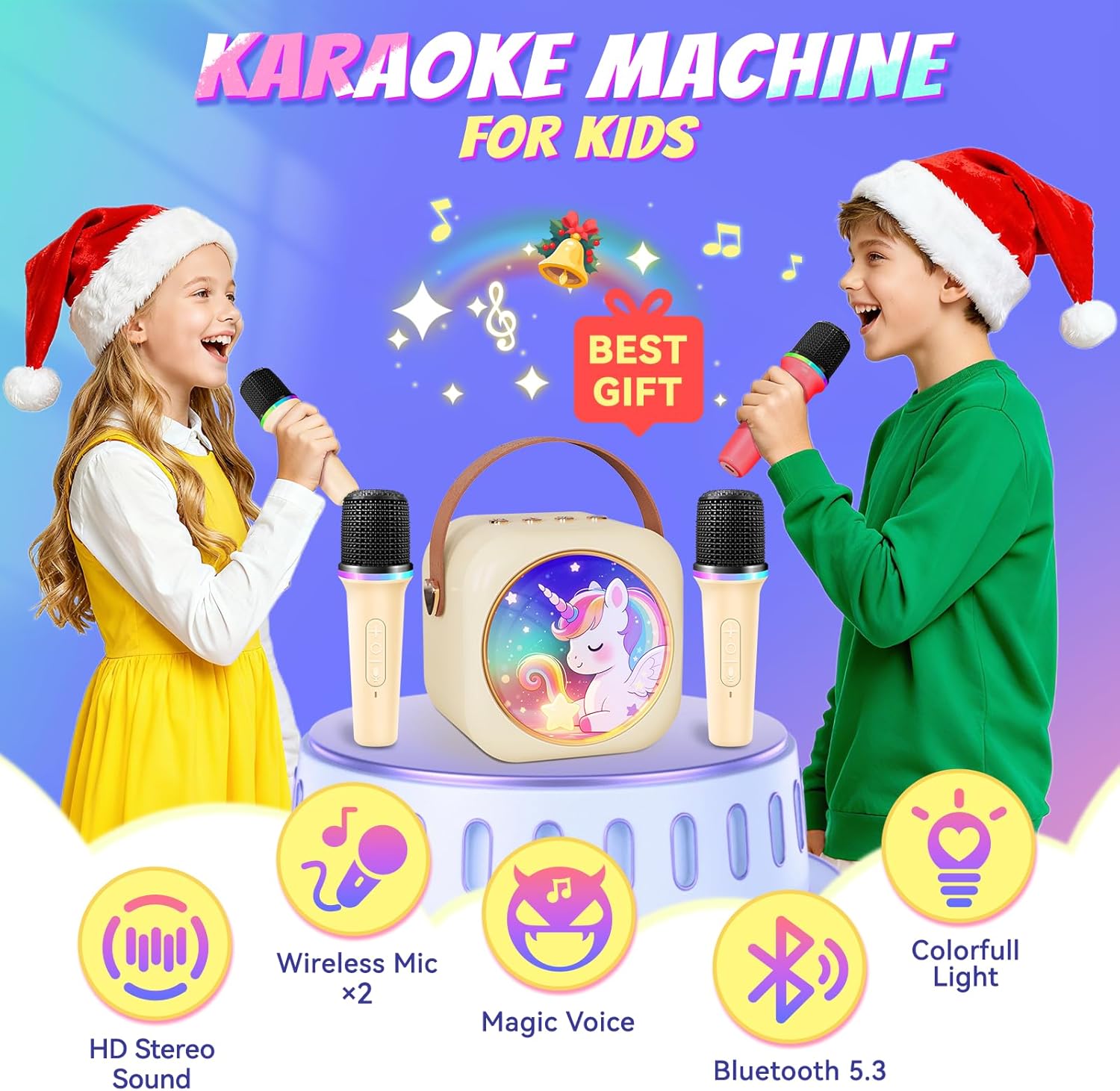 Mini Karaoke Machine with 2 Wireless Microphones,Gift for 3-12 Years Old, 2026 Best Christmas Birthday Toy for Girls Boys Party (Beige) - Image 2