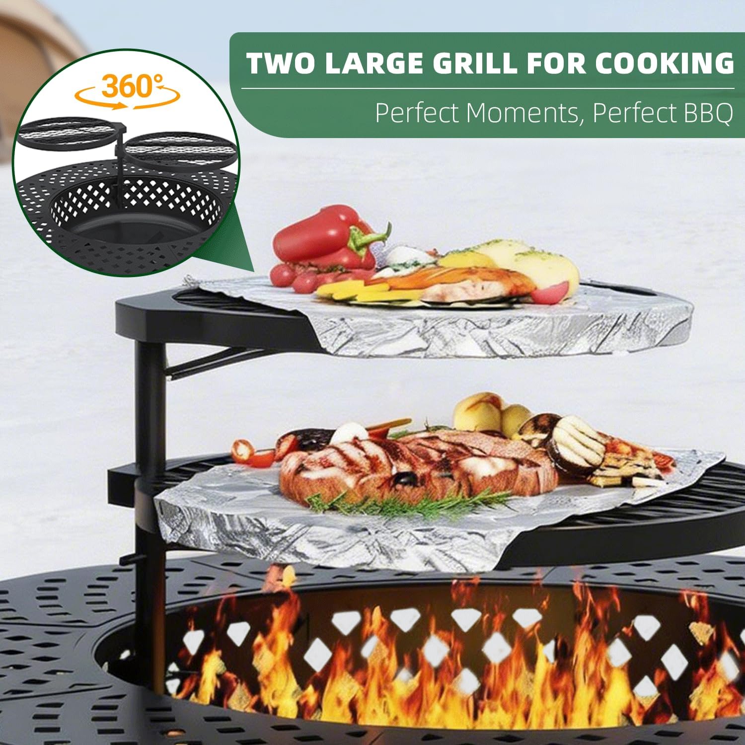 43 Inch Fire Pit with 2 Grill, Outdoor Wood Burning Firepit with Lid, Metal Round Table for Backyard Patio Garden Picnic Camping Bonfire