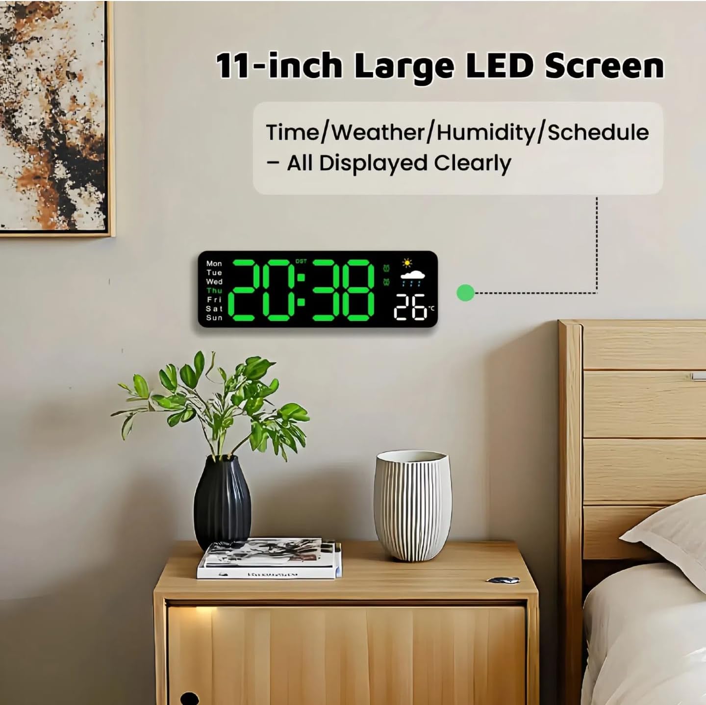 Large LED Digital Wall Clock with Alarm Timer - Auto Dimming Clock with Temperature, Weather and Calendar, Remote Control, Classroom Décor, for Bedroom, Office, Living Room (Green)
