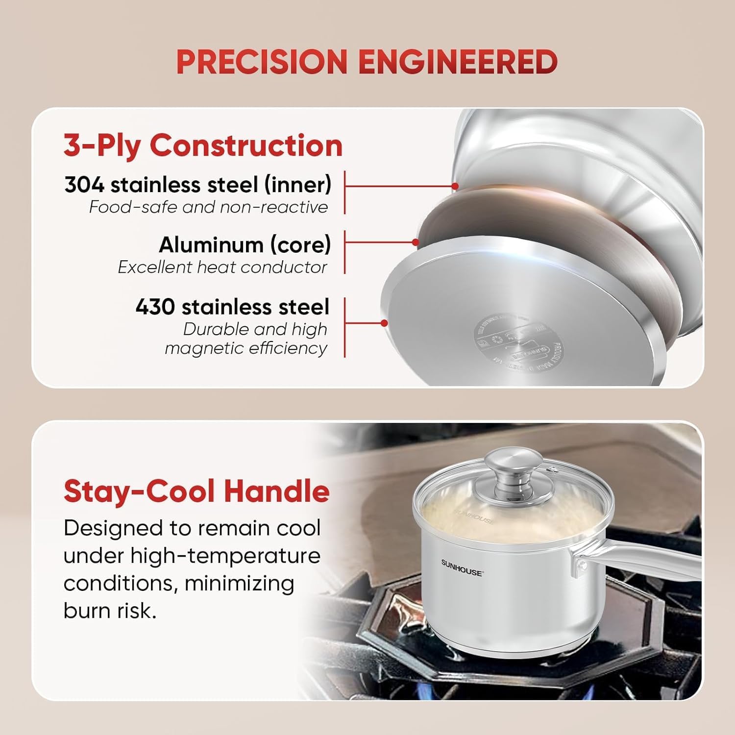 SUNHOUSE – 1.5 Quarts Stainless Steel Sauce Pan with Lid - PFOA-FREE, Stainless Steel Sauce Pan, Advanced Impact Bonding Induction Base, Stay-Cool Handle, Compatible with All Cooktops - Image 4
