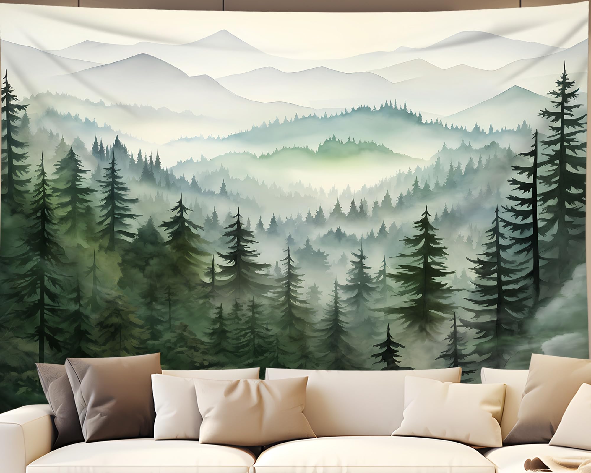 QGHOT Misty Forest Tapestry, Nature Mountain Tapestry Wall Hanging Sage Green Watercolor Landscape Wall Art for Bedroom Living Room Decor 78.7L x 104W