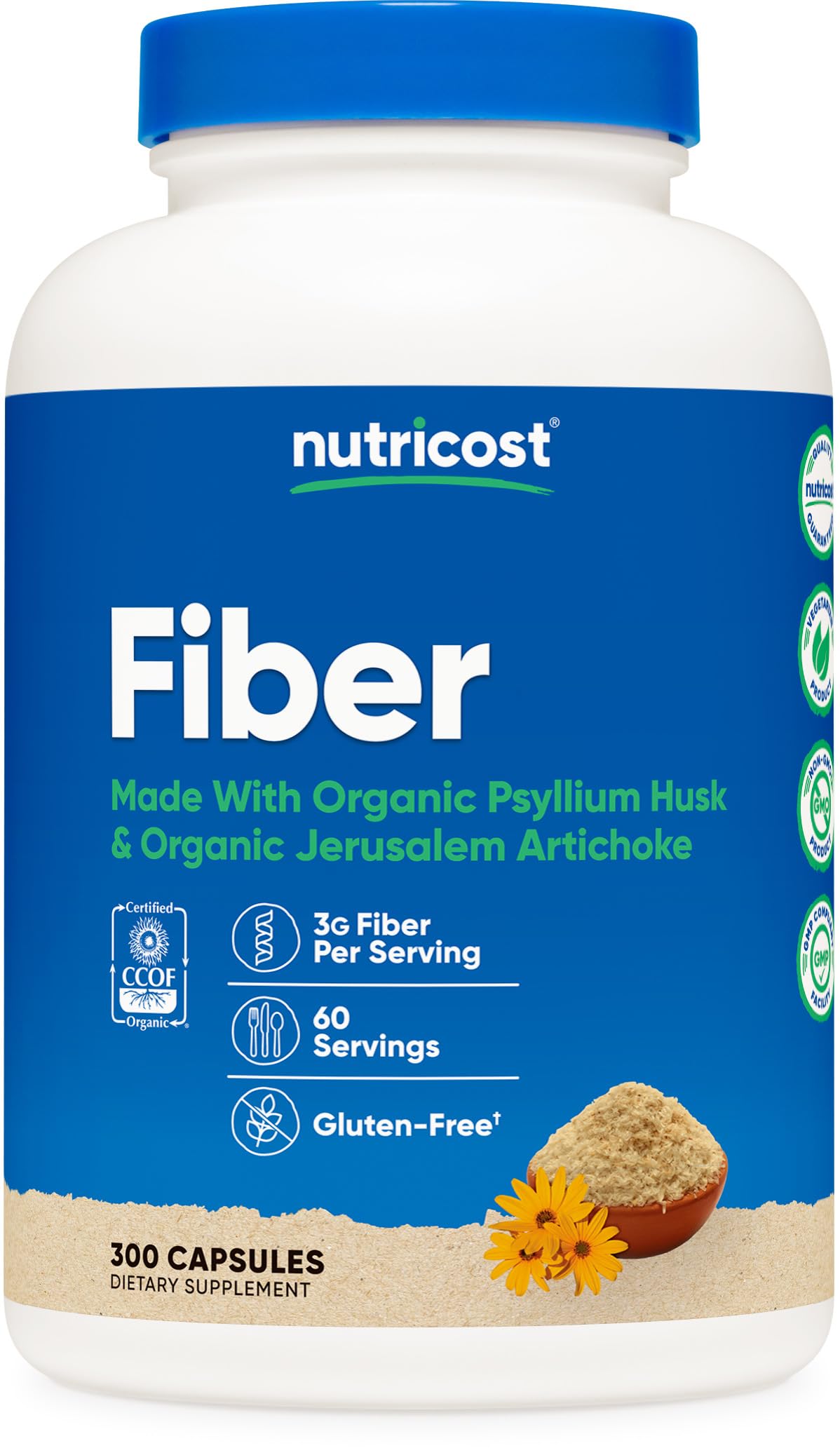 Nutricost Fiber Capsules with Prebiotic Fiber Supplement 300 Capsules - Made with Organic Psyllium Husk & Organic Jerusalem Artichoke, 60 Servings, Gluten Free, 3 G Per Serving