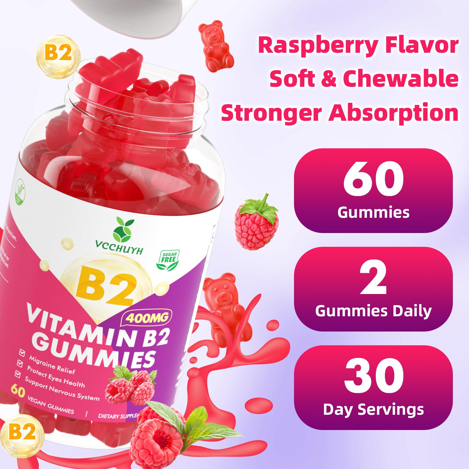 Vitamin B2 Gummies for Kids & Adults, VIT B2 Riboflavin 400mg Supplement with Magnesium for Migraine Relief & Nervous System Support, Suagr-Free/Vegan, Raspberry Flavor 60 Count — Amazon image 7