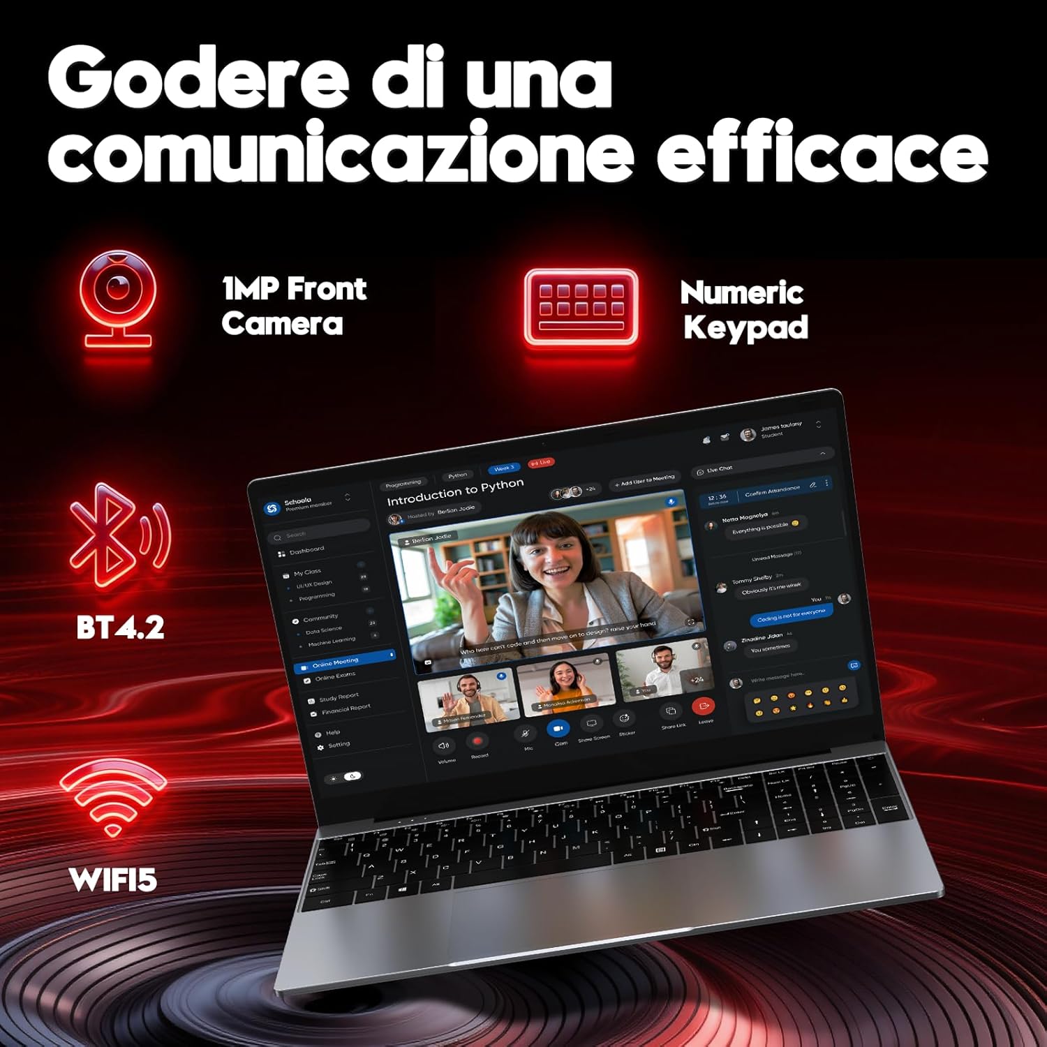 FUNYET NY-14 Laptop showing communication features: 1MP Front Camera, Numeric Keypad, BT 4.2, WIFI5