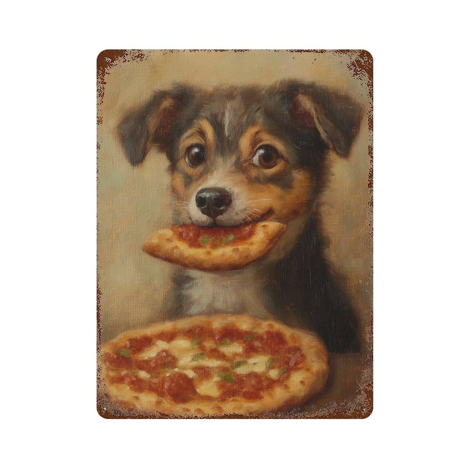 Vintage Rust Metal Sign with Dog Eating Pizza Meme Design 15.7"x11.8", for Shed, Workshop And Garage Wall Decor, Retro Wall Decor