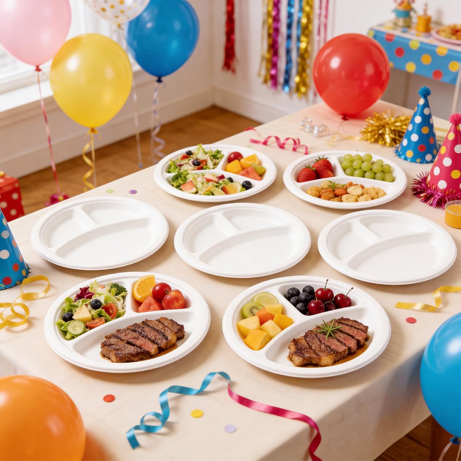 10 Inch 3 Compartment Compostable Paper Plates, [100 Count] Heavy Duty Disposable Divided Lunch Plates Bulk,Round Divided Eco-Friendly Bagasse Sectional Plates for Parties, Buffet,Daily Use