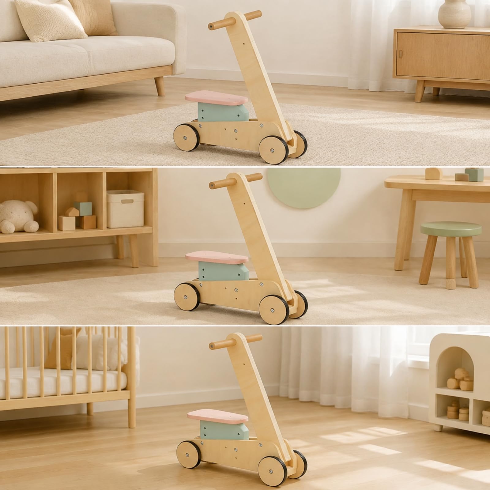 kowaku Deambulatore 2 in 1 in Legno Educativo Carrello Spesa Giocattolo Legno senza Schermo Giocattolo a Spinta con 4 Ruote per Playroom