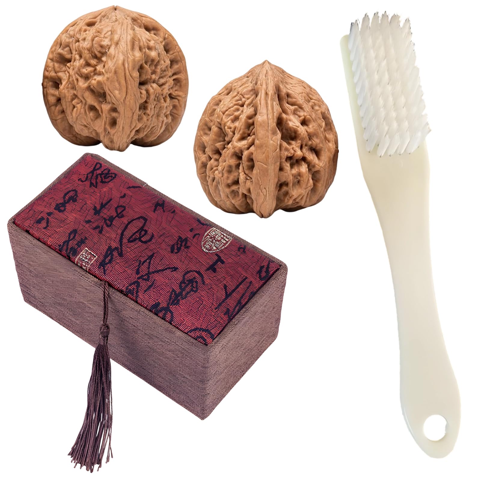 Juego de 2 bolas de nueces Wenwan para masaje de manos y enfoque, bolas tradicionales de nogal con cepillo y caja de almacenamiento, para meditación y entrenamiento de manos en la oficina