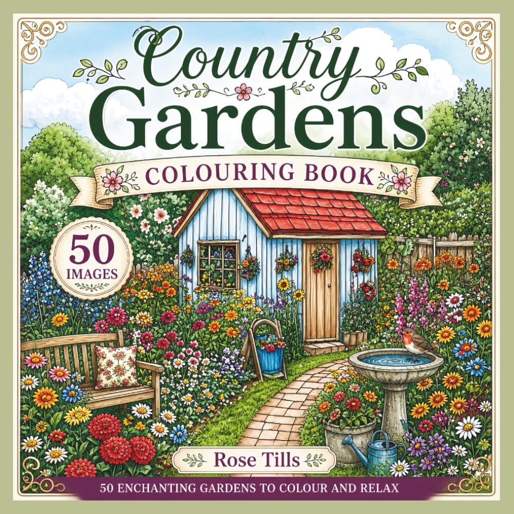 Country Gardens Colouring Book: Relaxing colouring book for adults: enchanting gardens, cosy sheds, magical greenhouses, garden benches and birdbaths