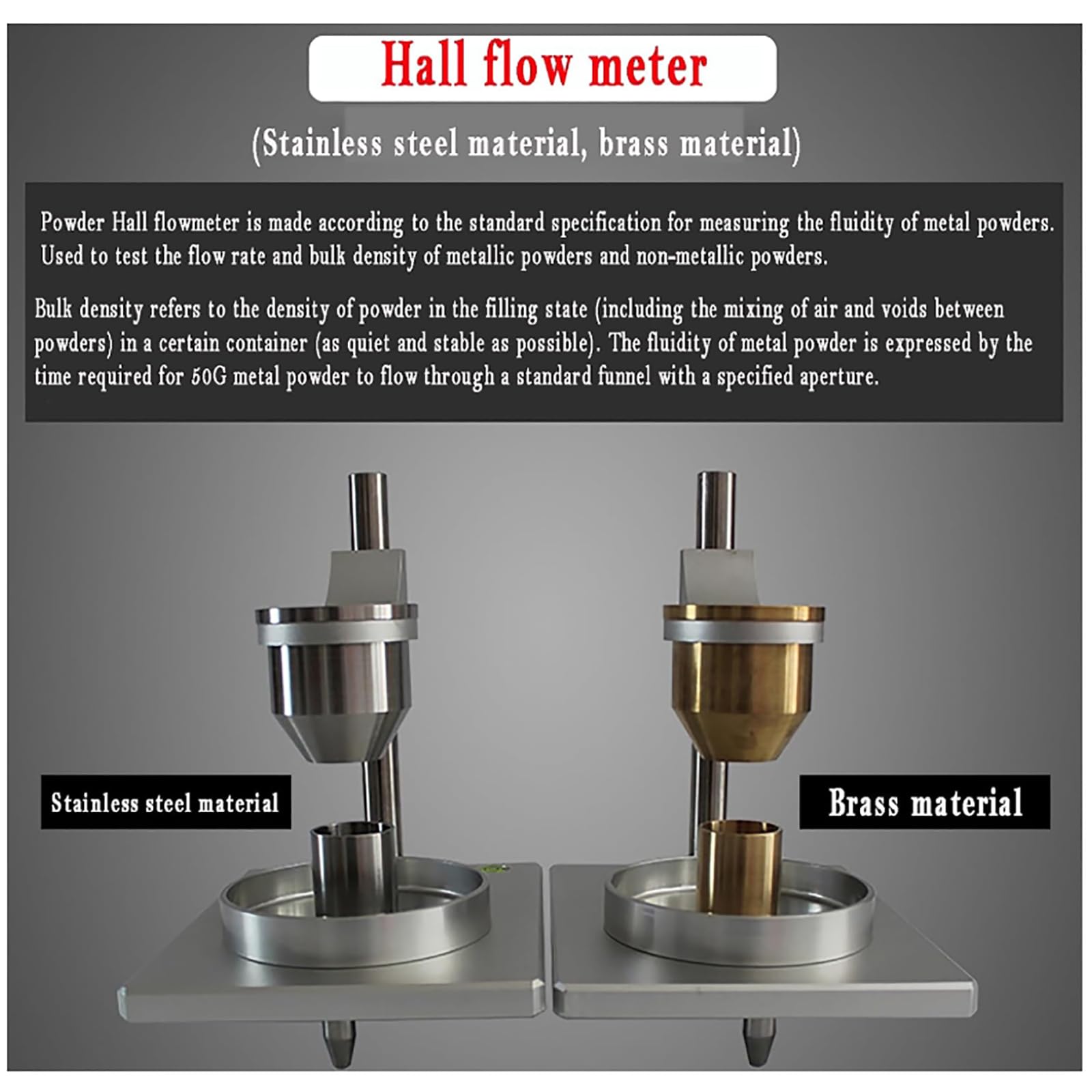MObyat Hall-Durchflussmesser, Schüttdichtemessgerät für Pulver, Fließfähigkeitsprüfer mit 2,5- und 5-mm-Messingtrichter zur Messung von Durchflussrate und Schüttdichte von metallischen