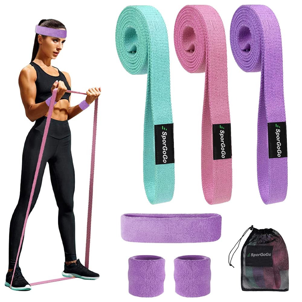 SporGoGo 3-Pack Resistance Bands for Legs and Butt -Fabric Exercise Bands Set Booty Hip Bands Wide Workout Bands Sports Fitness Bands Loops Circle Band Elastic Anti Slip (long: Green/Pink/Purple)