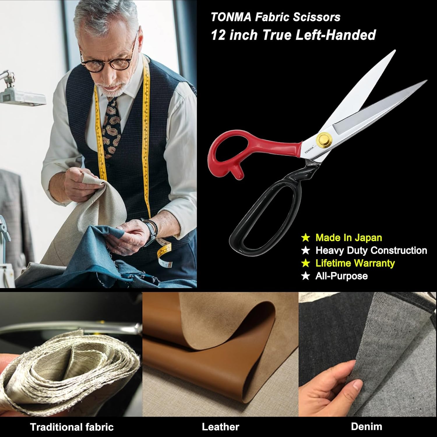 TONMA True Left Handed Fabric Scissors [Made in Japan] 12 Inch Heavy Duty Sewing Scissors, Industrial Japanese Steel Dressmaker Tailor Shears for Leather Carpet Upholstery Crafting