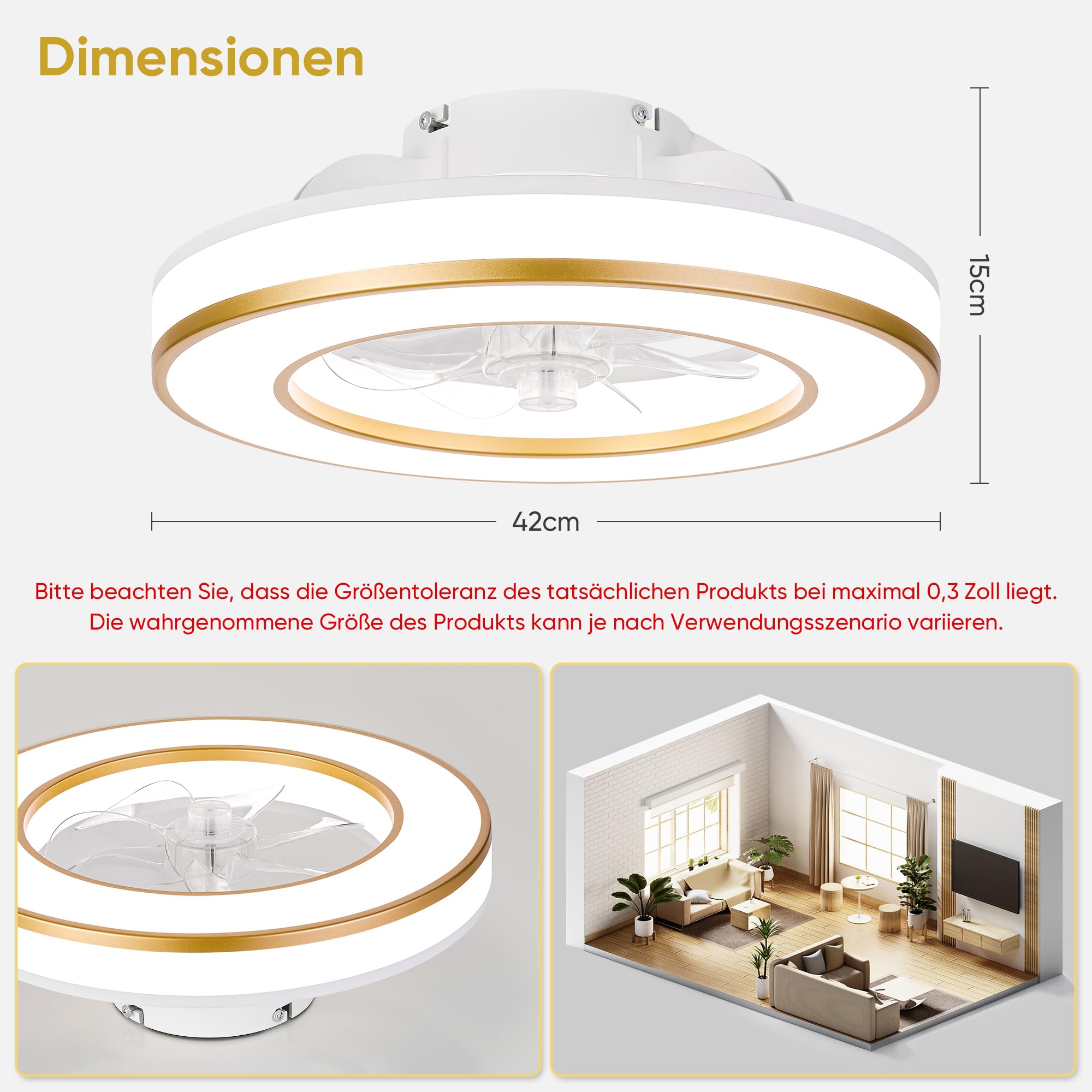 DOMANKI Deckenventilator mit Beleuchtung 42 cm RGB-Ambientelicht, Leiser DC-Motor, 6 Stufen Dimmbar, Sommer-/Wintermodus, Fernbedienung, Gold