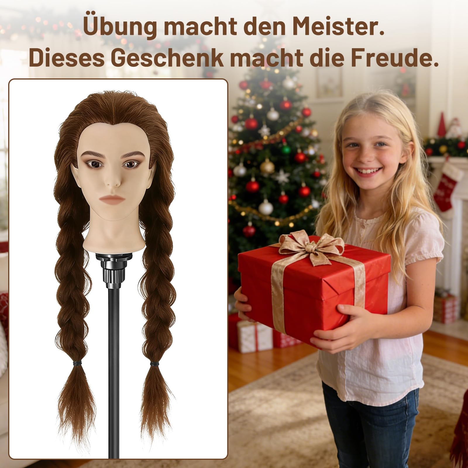TwoWin 60 cm Frisierkopf 80% Echthaar, 24 Zoll Übungskopf Friseur | Friseurkopf Übungskopf Trainingskopf Friseur für Friseure für Styling & Friseurpraxis mit DIY Haarstyling Set (Braun)