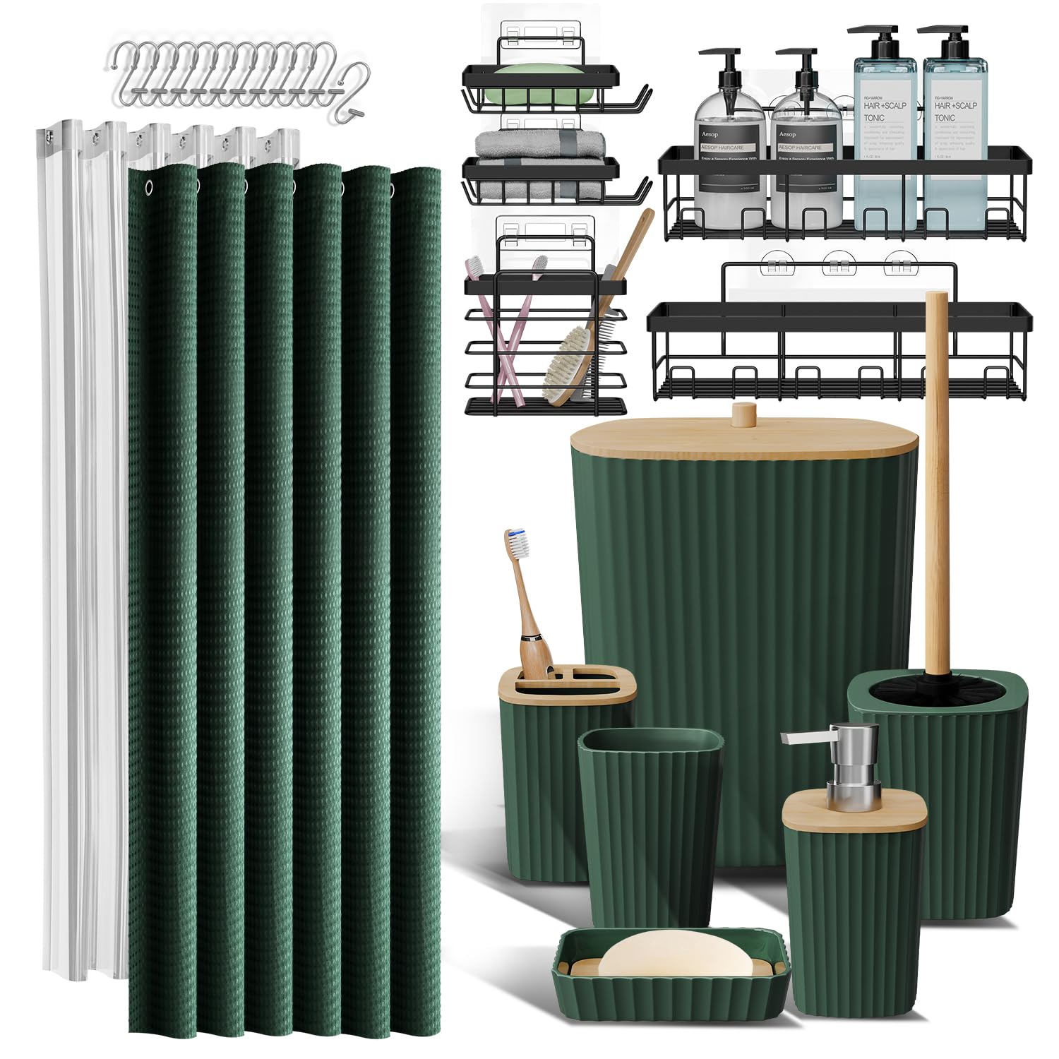 Shower Caddy and Bathroom Accessories Set 25PC Bathroom Accessory Set with Shower Shelf Caddy for Bathroom Storage, Green Shower Curtain Set, Toilet Brush, Trash Can, Soap Dispenser, Toothbrush holder